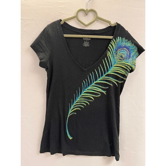 Express Womens Pullover Cap Sleeve Deep V-neck Peacock Tee Shirt Black Size XS - Picture 1 of 2